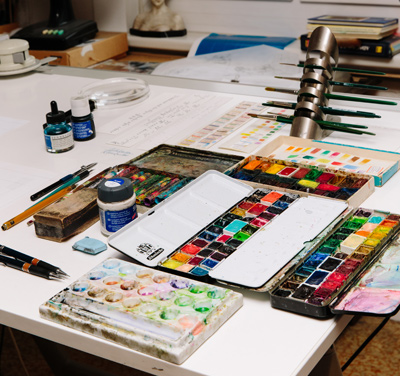 Work space of children book illustrator Klaus Ensikat at his home in Berlin